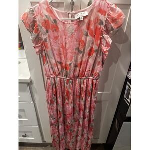 HAYDEN‎ LOS ANGELES Floral Pleated Midi Dress Flutter Sleeve Pink Coral Size S